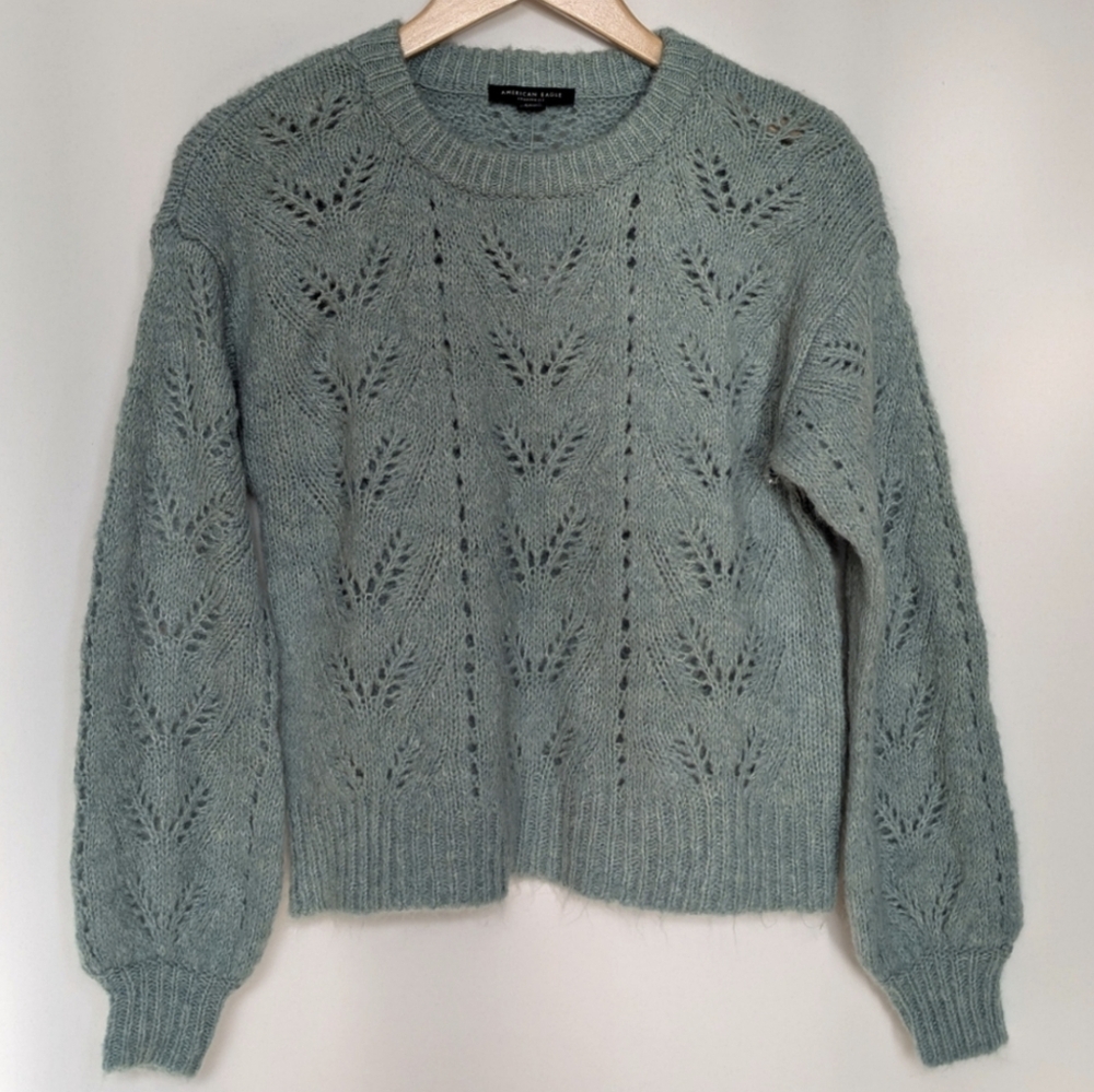 AE Pointelle Cropped Fit Fuzzy Sweater Open Knit Heathered Blue-Green Small NWT